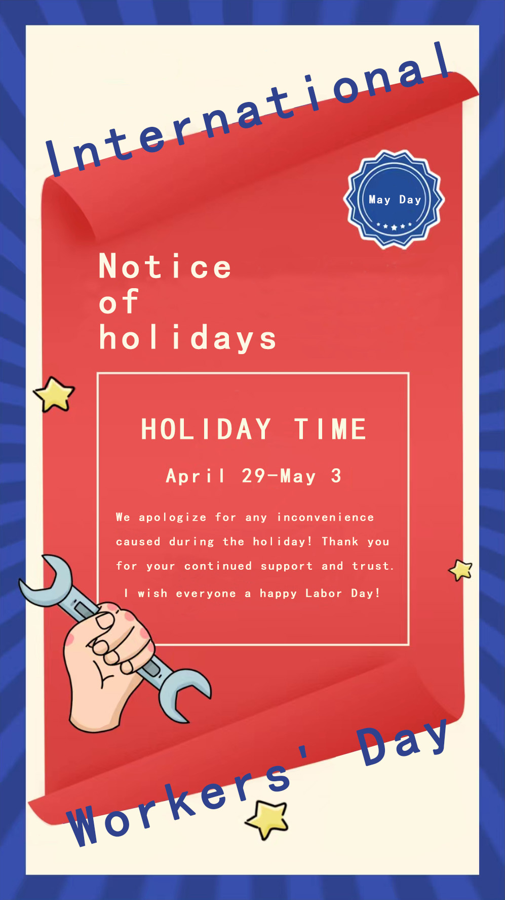 Aviso de días festivos del Día Internacional de los Trabajadores